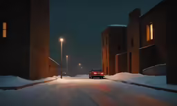 a red car is driving down the street in the snow