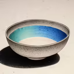a bowl with a blue stripe sitting on top of it