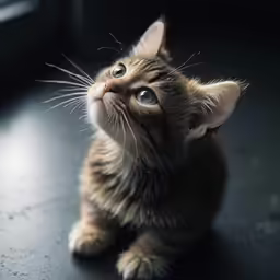 a kitten looks up into the air on top of a black surface