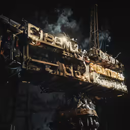 some type of industrial sign that is written in gold on a black background