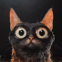 a cat with big glasses and wet fur