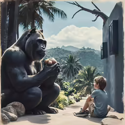 a boy sitting on a bench eating an egg in front of a large gorilla statue