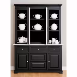 black and white china cabinet with glass doors