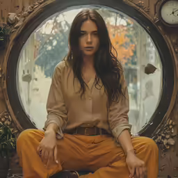 a young woman in an oversize outfit is sitting in front of a window