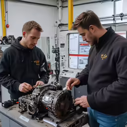 two men work on a car engine in a factory