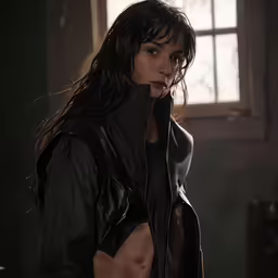 a women wearing a black jacket standing near a window