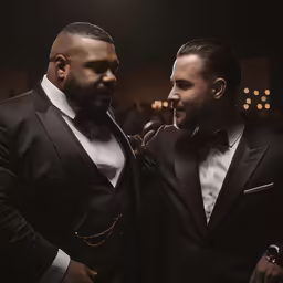 two men wearing tuxedos pose for the camera