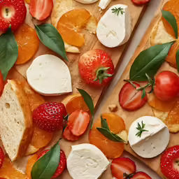 assortment of cheeses and strawberries on wooden cutting board