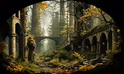 a man with a dog in a wooded area