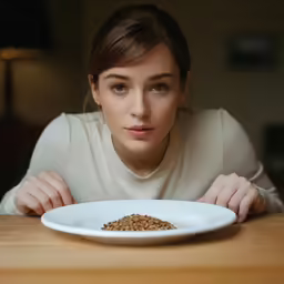 a woman looks at the camera as she sits next to a plate with food on it