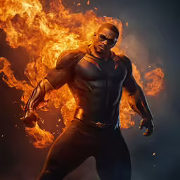 a man wearing a black leather outfit with large red flames