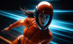 the woman is wearing an orange motorcycle helmet and orange catsuit
