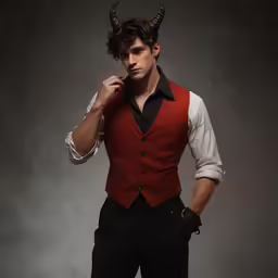 a man in black pants is wearing red and black