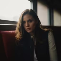 a young woman is sitting on a red chair