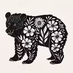 black and white image of a bear in flowers,the illustration of a bear with many flowers on it