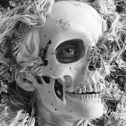 a statue is wearing black feathers and make up the eyes