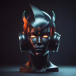 a sculpture with headphones on and glowing eyes