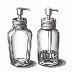 two glass soap dispensers one has a silver faucet