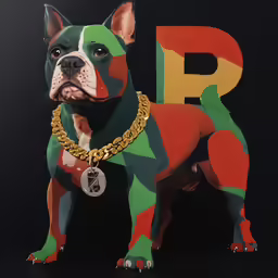 the dog with a gold collar has a sign that says d and is decorated with a green, red, white and yellow color scheme