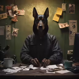 a man in a dog mask sitting at a desk