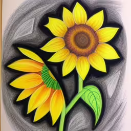 this is an image of a sunflower,a drawing of a sunflower on black paper