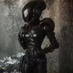 a woman in armor with her hands on her hips