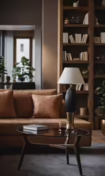 a room with a brown couch and table