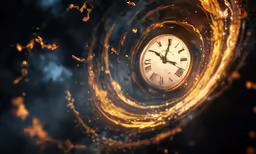 a large clock in a spiral of fire