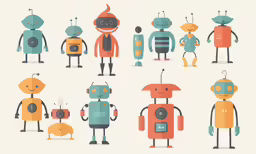 a cartoon illustration of little robot character and their families