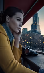 a beautiful young woman sitting next to a window with view of the city