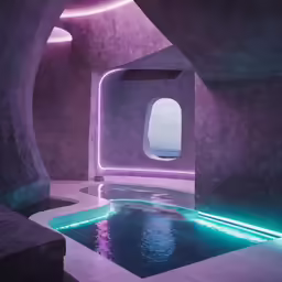 a blue pool and water features in a purple colored room