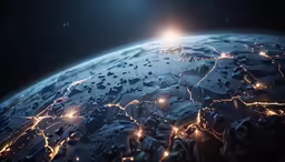 lights shine on a frozen piece of land as it moves over the earth