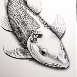 a black and white drawing of a fish