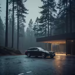 a car parked in the middle of a forest