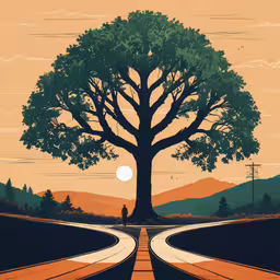 an art print of a person standing at a tree,a large tree sits in the middle of a rural landscape
