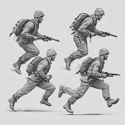 three men in camouflage with weapons running