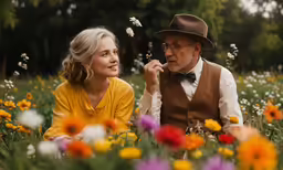 a woman wearing a yellow dress sits in a field while a man smokes a cigarette