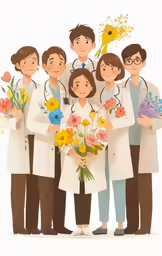 a group of people holding flowers and standing together