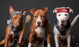 three dogs are wearing bandanas and leashes