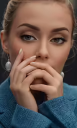 an elegant woman with brown eyes and a turquoise sweater