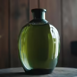 a green glass vase on top of a wooden table