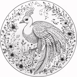 a drawing of a bird with leaves and flowers in it