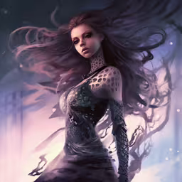 a painting of a woman in white and black dress,the woman with long hair is wearing black and white