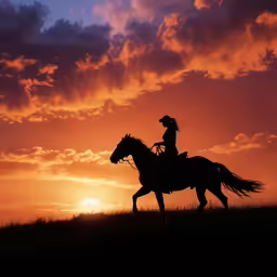the silhouette of a horse and rider is shown in front of an orange sunset
