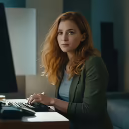a woman is typing on a computer at a desk
