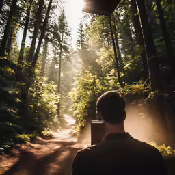 a man in dark clothing stands on a road as sunlight streams through the trees