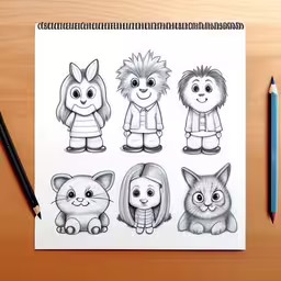 a picture of a bunch of small animals with pencils,some people have been drawn on a white paper