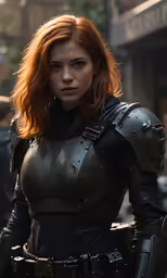 a woman with red hair wearing leather armor