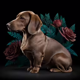 a dog sitting in front of flowers against a black background