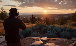 a person stands with his headphones on, in front of a sunset
